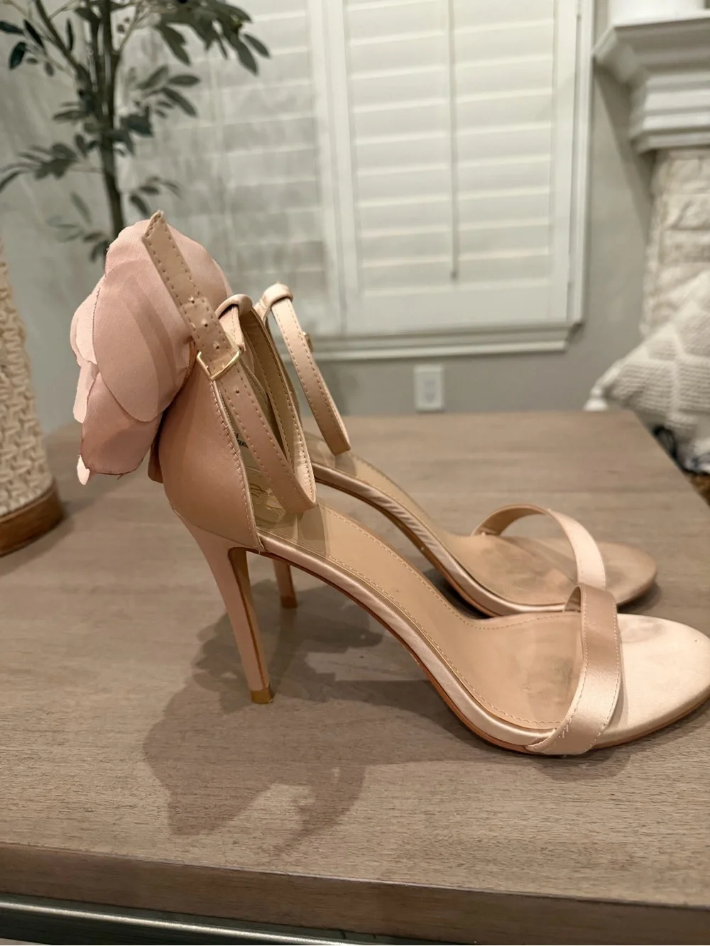 Women's Satin Floral Corsage Ankle Strap Stiletto Heel 10M